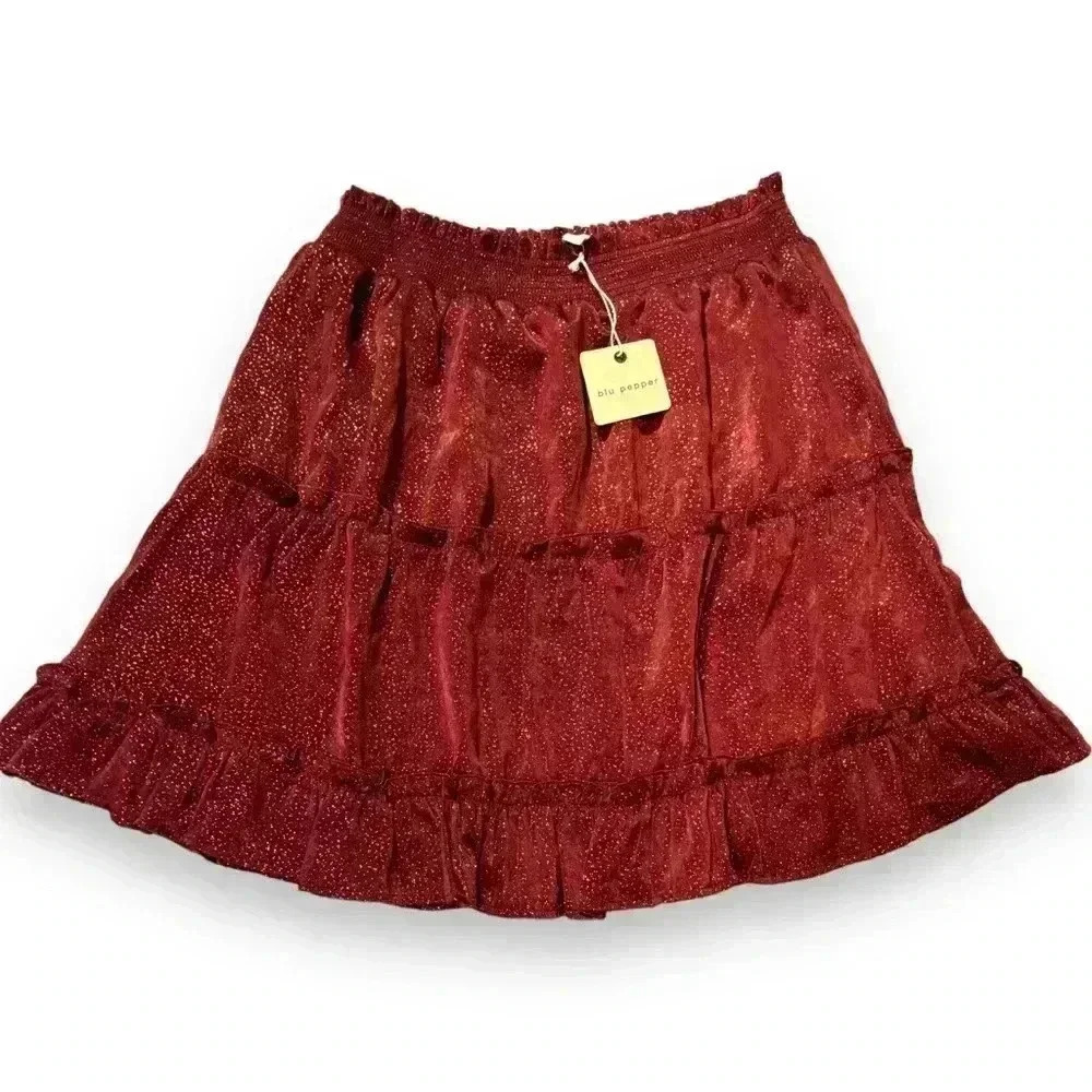 NWT Blu Pepper Gold Sparkled Burgundy Knee Length Tiered Flowy Size Lg Skirt